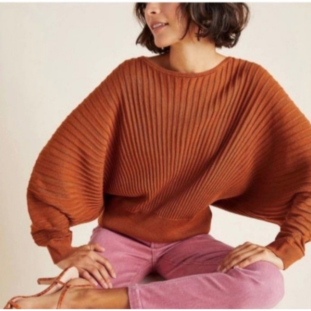 Anthropologie‎ Karla Rust Brown Ribbed Dolman Sleeve Boat Neck Sweater XS